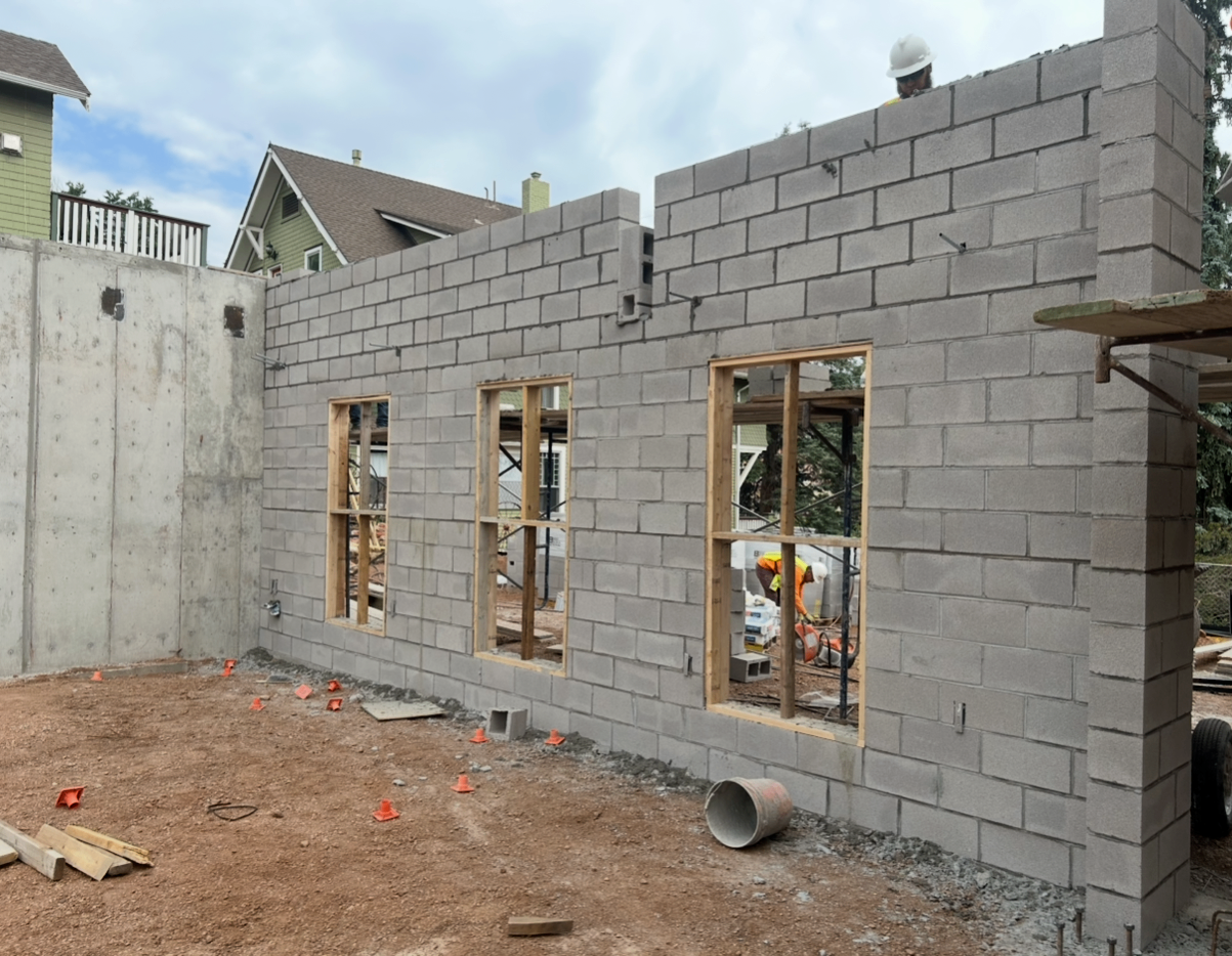 Commercial CMU block wall with framed window openings